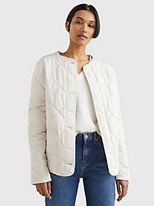 beige quilted collarless padded short jacket for women tommy hilfiger