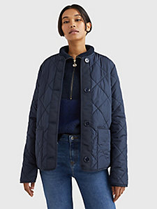blue quilted collarless padded short jacket for women tommy hilfiger