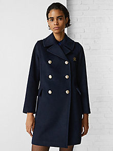 blauw th monogram lange double-breasted peacoat voor dames - tommy hilfiger