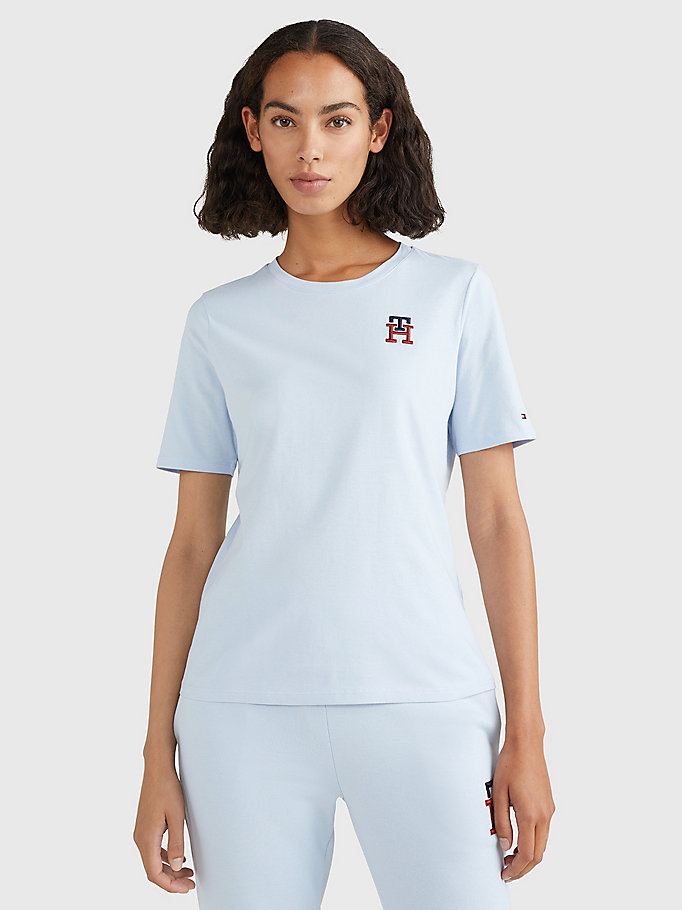 t-shirt en coton bio th monogram bleu pour femmes tommy hilfiger