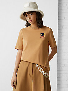 camiseta de algodón th monogram marrón de mujer tommy hilfiger