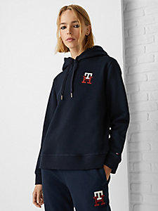 blau th monogram hoodie mit tunnelzug-kapuze für damen - tommy hilfiger
