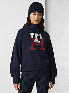 blauw th monogram regular fit hoodie met appliqué voor dames - tommy hilfiger