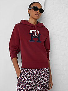 rot th monogram regular fit hoodie mit applikation für damen - tommy hilfiger