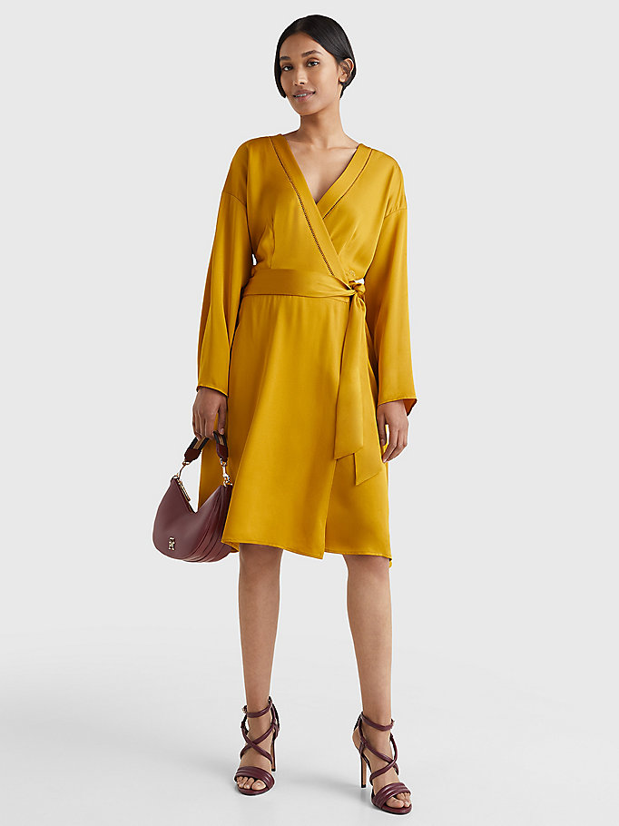 gold exclusive fit and flare wrap dress for women tommy hilfiger