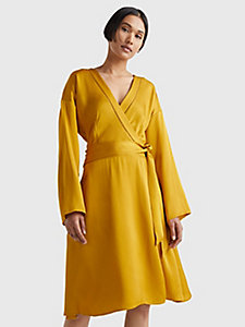 gold exclusive fit and flare wrap dress for women tommy hilfiger