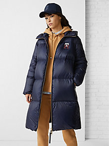 blue th monogram down-filled maxi jacket for women tommy hilfiger
