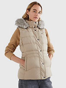 beige padded fur trim down vest for women tommy hilfiger