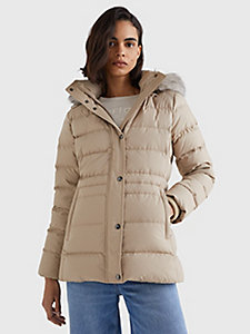 beige faux fur hood down-filled jacket for women tommy hilfiger