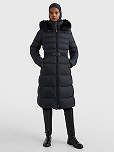 black th protect padded belted maxi puffer coat for women tommy hilfiger