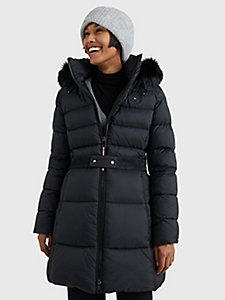 black th protect padded belted puffer coat for women tommy hilfiger