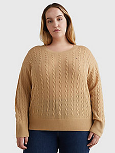 коричневый свободный шерстяной свитер curve крупной вязки для женщины - tommy hilfiger