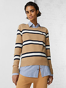 brown th monogram stripe crew neck wool jumper for women tommy hilfiger