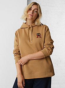 brown curve th monogram drawstring hoody for women tommy hilfiger