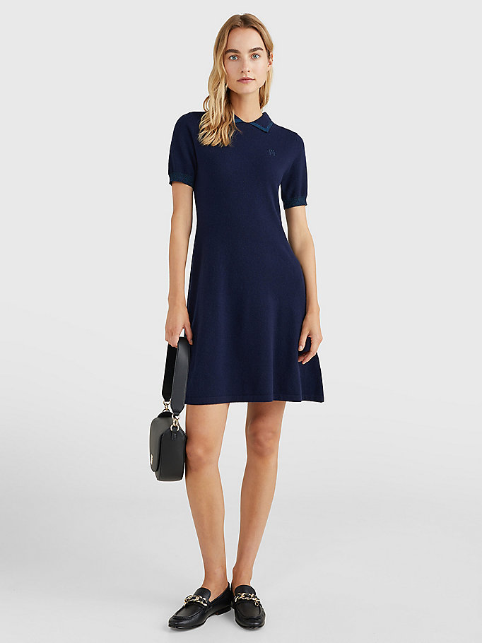 blue wool cashmere slim fit polo dress for women tommy hilfiger