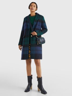 Wool Blend Black Watch Tartan Coat GREEN Tommy Hilfiger
