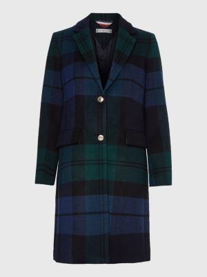 Wool Blend Black Watch Tartan Coat GREEN Tommy Hilfiger