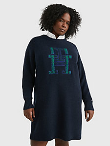 blauw curve relaxed fit sweaterjurk met monogram voor dames - tommy hilfiger