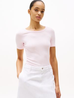 pink slim fit t-shirt met geribde textuur voor dames - tommy hilfiger