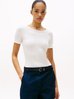 white geripptes slim fit t-shirt für damen - tommy hilfiger