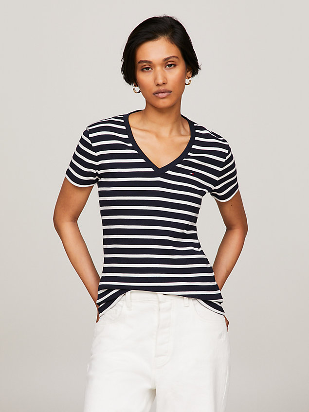 blue organic cotton v-neck slim fit t-shirt for women tommy hilfiger