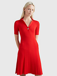 orange rib-knit slim fit midi dress for women tommy hilfiger