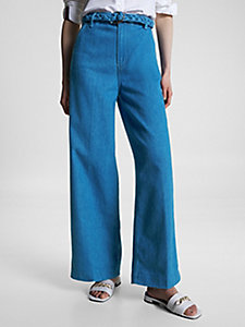denim high rise wide leg belted jeans for women tommy hilfiger