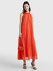 orange sleeveless pleated dress for women tommy hilfiger