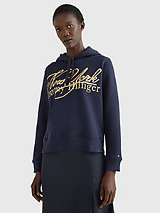 blau hoodie mit metallic-logo für damen - tommy hilfiger