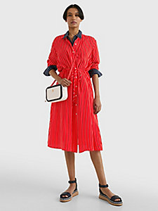 czerwony sukienka koszulowa midi w paski dla kobiety - tommy hilfiger