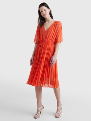 Pleated Fit And Flare Knee Dress | ORANGE | Tommy Hilfiger