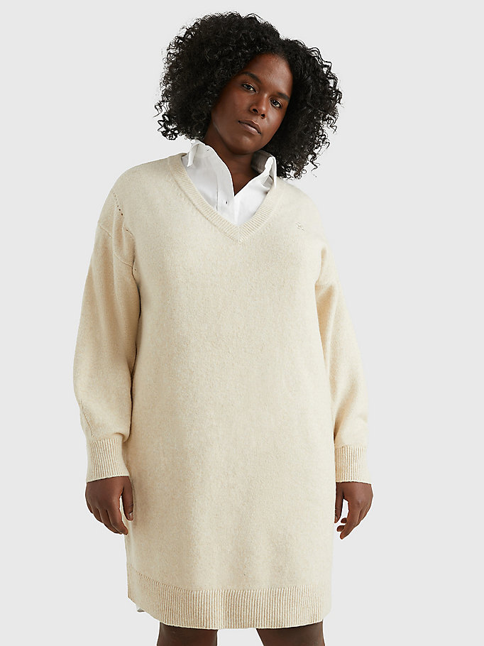 beige curve relaxed sweaterjurk met ballonmouwen voor dames - tommy hilfiger