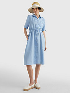 blue linen fit and flare midi dress for women tommy hilfiger