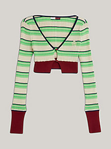 khaki crest stripe cropped slim fit cardigan for women tommy hilfiger