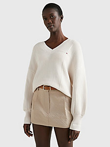 beige textured weave relaxed fit jumper for women tommy hilfiger
