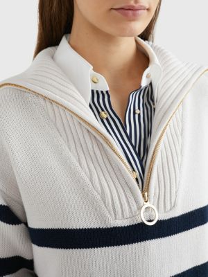 Gestreepte relaxed fit trui met halve rits | WIT | Tommy Hilfiger