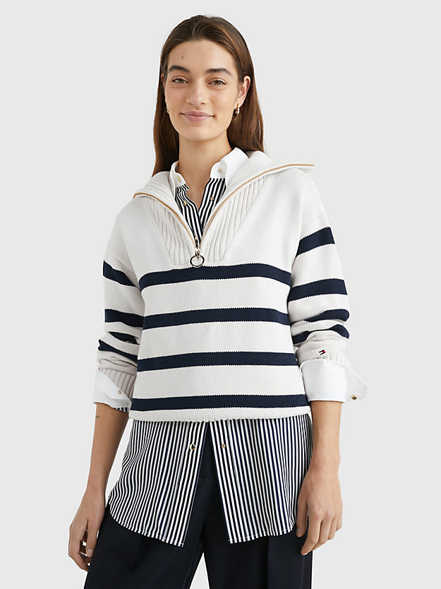 Gestreepte relaxed fit trui met halve rits | WIT | Tommy Hilfiger