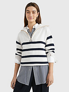 pullover relaxed fit a righe con mezza zip bianco da donna tommy hilfiger