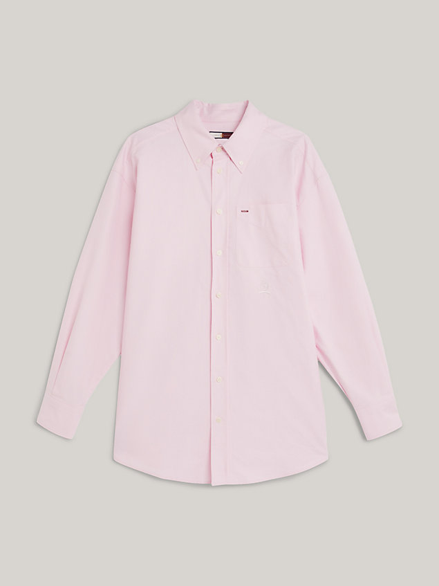 pink crest archive relaxed fit dual gender oxford shirt for women tommy hilfiger