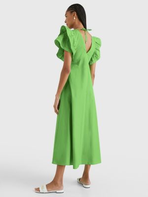 Ruffled Sateen Maxi Dress | GREEN | Tommy Hilfiger