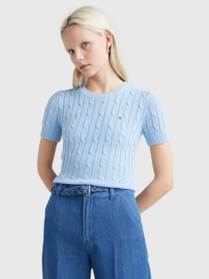 Cable Knit Slim Short Sleeve Jumper BLUE Tommy Hilfiger