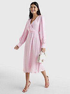 różowy satynowa sukienka midi o kopertowym fasonie dla kobiety - tommy hilfiger
