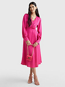 różowy satynowa sukienka midi o kopertowym fasonie dla kobiety - tommy hilfiger