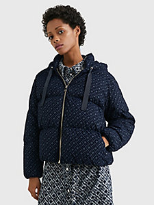 blue monogram relaxed hooded down puffer jacket for women tommy hilfiger