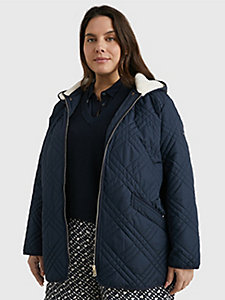 blue curve quilted shearling hooded jacket for women tommy hilfiger
