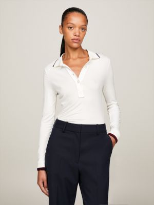 Global Stripe Slim Fit Langarm-Poloshirt | Weiß | Tommy Hilfiger | Poloshirts