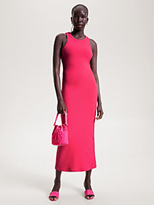 różowy prążkowana sukienka midi o fasonie bodycon dla kobiety - tommy hilfiger