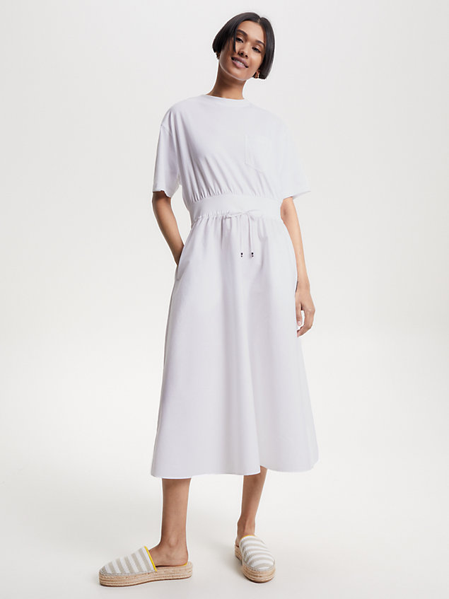 white drawstring poplin fit and flare dress for women tommy hilfiger