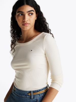 white ribbed long sleeve slim t-shirt for women tommy hilfiger