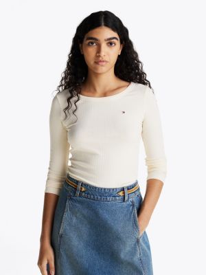 white ribbed long sleeve slim t-shirt for women tommy hilfiger